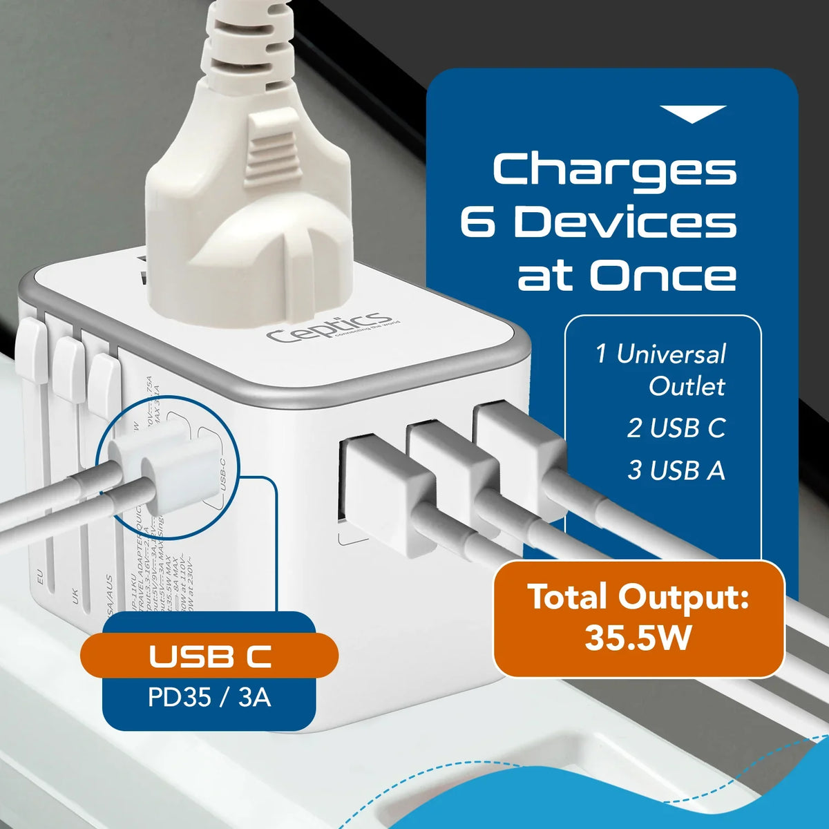 Universal travel adapter – 3 USB-A & 2 USB-C 35W – 6 in 1 travel adapter – CE & RoHS certified - White - UP-11KU-W image 6