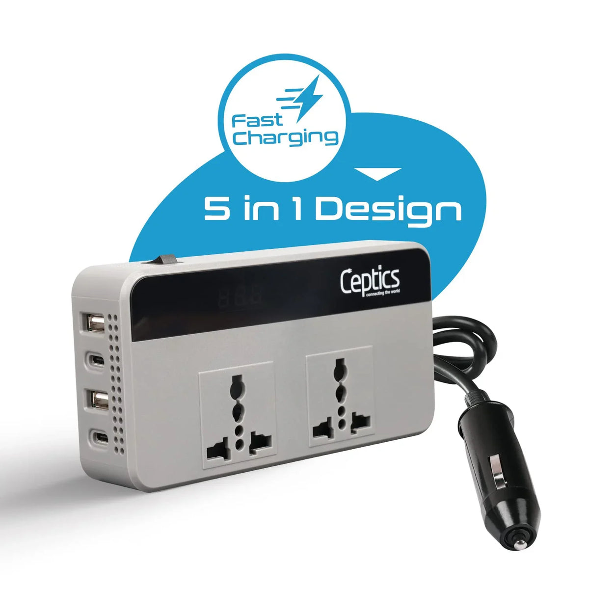 200W car inverter – 2 AC outlets & 2 USB-A & 2 USB-C – Cigarette lighter plug – CE & FCC certified - PI-200C3U image 1