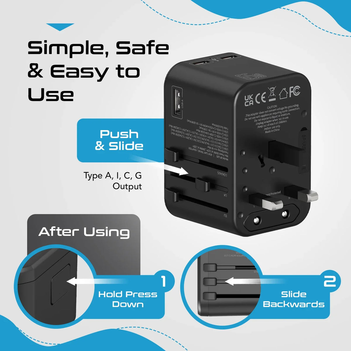 Universal travel adapter – 1 USB-A & 2 USB-C 65W GaN – 4 in 1 travel adapter – CE & RoHS certified - UP-12KU image 7