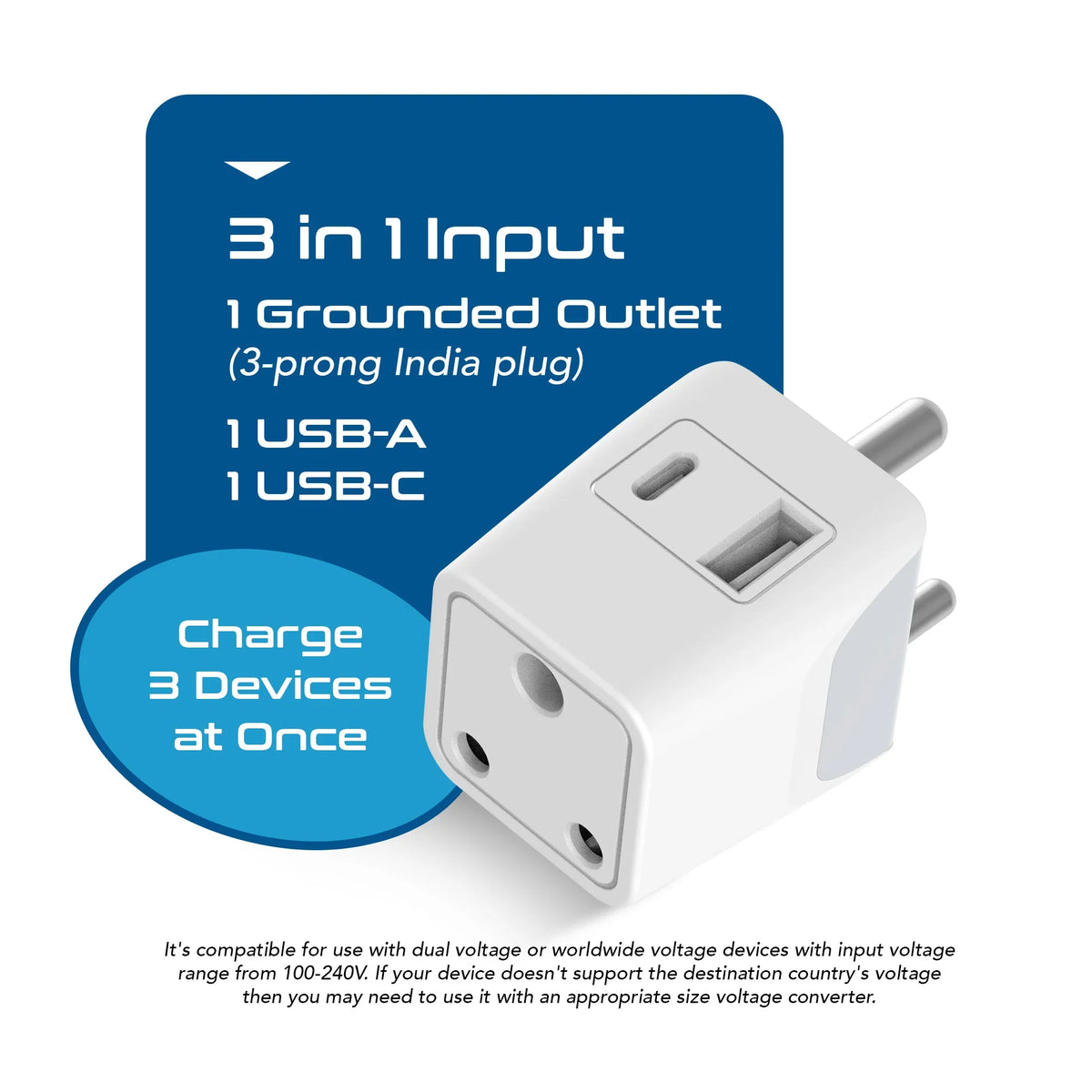 Multiplug adapter – Type D – 1 USB-A & 1 USB-C – 3 in 1 Plug – CE & RoHS certified - CTUD-10 image 2