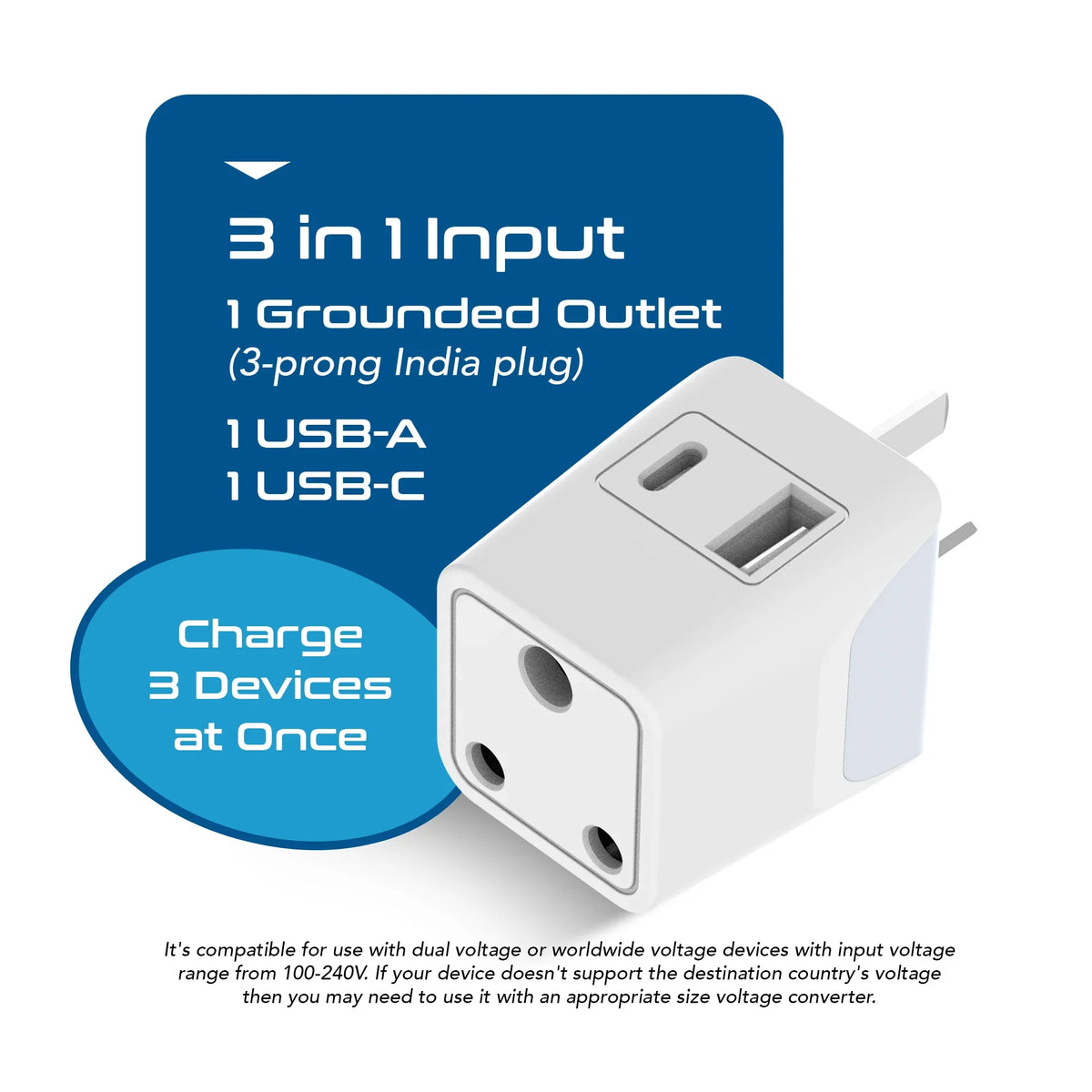 India to Australia, China travel adapter – Type I – 1 USB-A & 1 USB-C – 3 in 1 Plug – CE & RoHS certified - CTUD-16 image 2