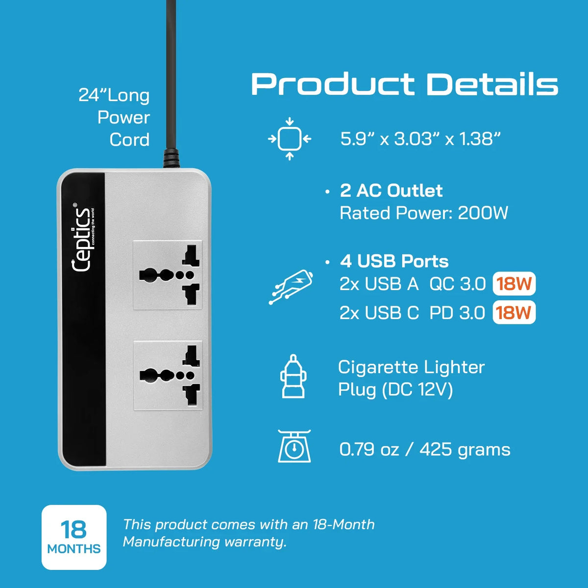 200W car inverter – 2 AC outlets & 2 USB-A & 2 USB-C – Cigarette lighter plug – CE & FCC certified - PI-200W4U image 3