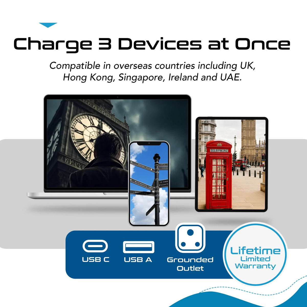 India to UK, UAE travel adapter – Type G – 1 USB-A & 1 USB-C – 3 in 1 Plug – CE & RoHS certified - CTUD-7 image 7