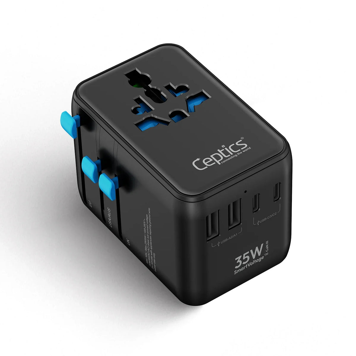Universal travel adapter – 2 USB-A, 2 USB-C & 35W PD retractable USB-C cable – 7 in 1 travel adapter – CE & RoHS certified image 0
