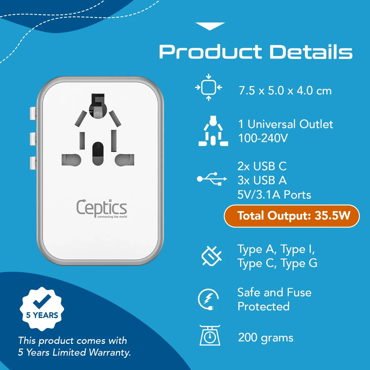 Universal travel adapter – 3 USB-A & 2 USB-C 35W – 6 in 1 travel adapter – CE & RoHS certified - White - UP-11KU-W image 5