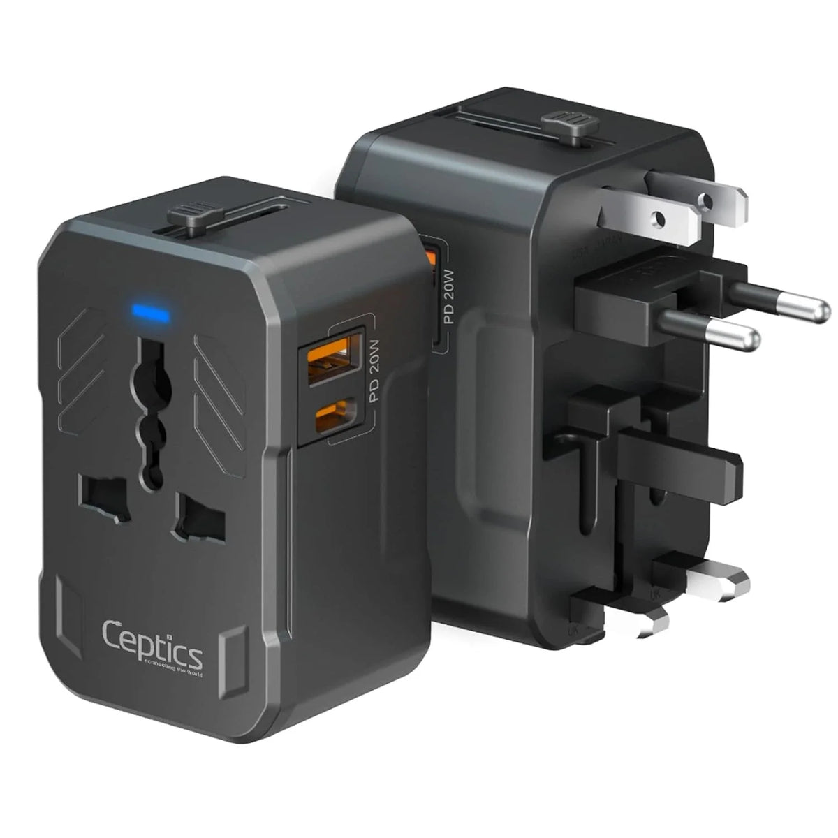 Universal travel adapter with 1 USB-A & 1 USB-C – 3 in 1 travel adapter – CE & FCC certified - UP-10KU-TP image 0