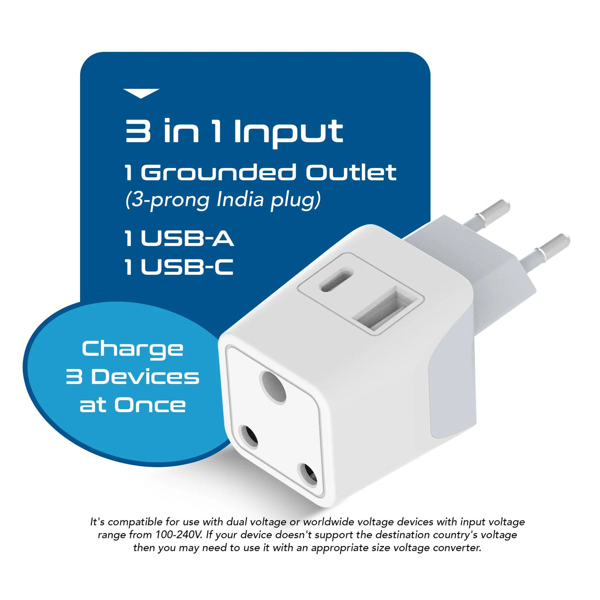 India to Europe travel adapter – Type C – 1 USB-A & 1 USB-C – 3 in 1 Plug – CE & RoHS certified - CTUD-9C image 2