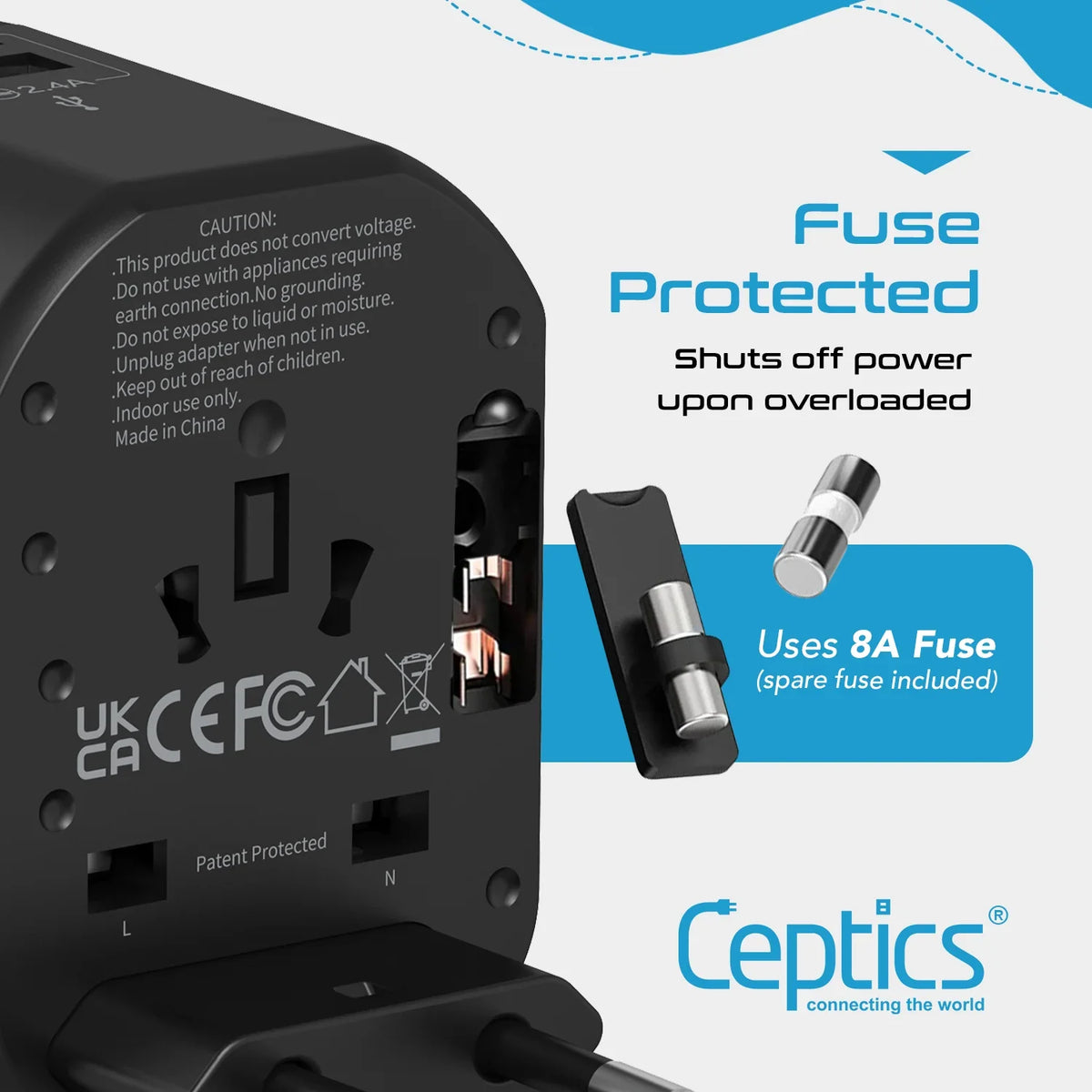 Universal travel adapter with 2 USB-A – 3 in 1 travel adapter – CE & RoHS certified - UP-8KU image 7