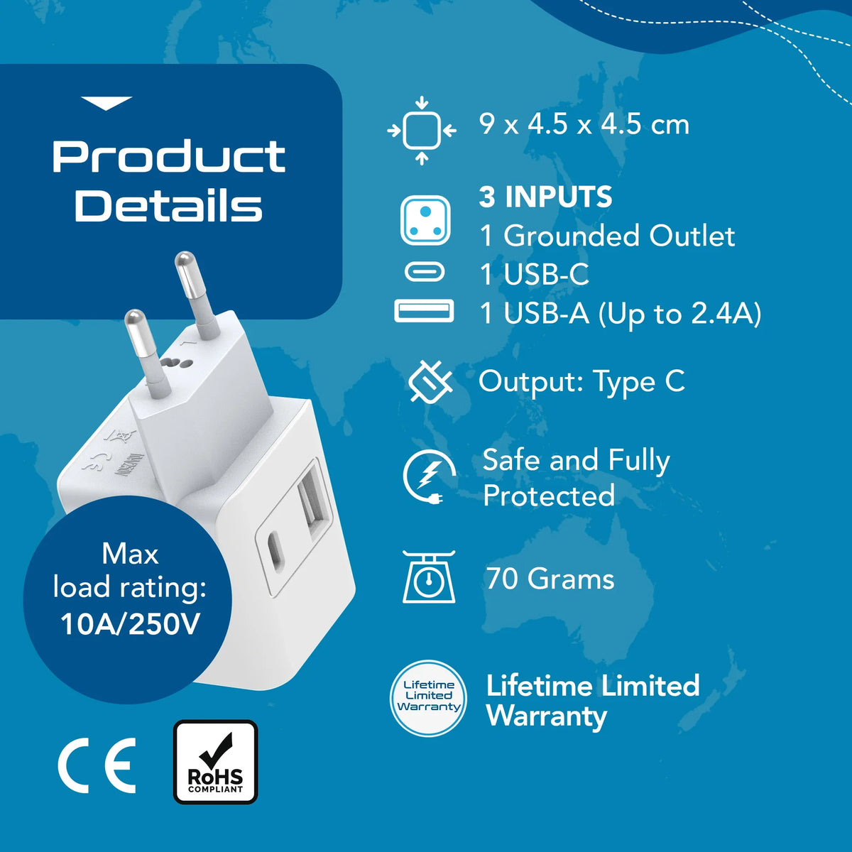 India to Europe travel adapter – Type C – 1 USB-A & 1 USB-C – 3 in 1 Plug – CE & RoHS certified - CTUD-9C image 5