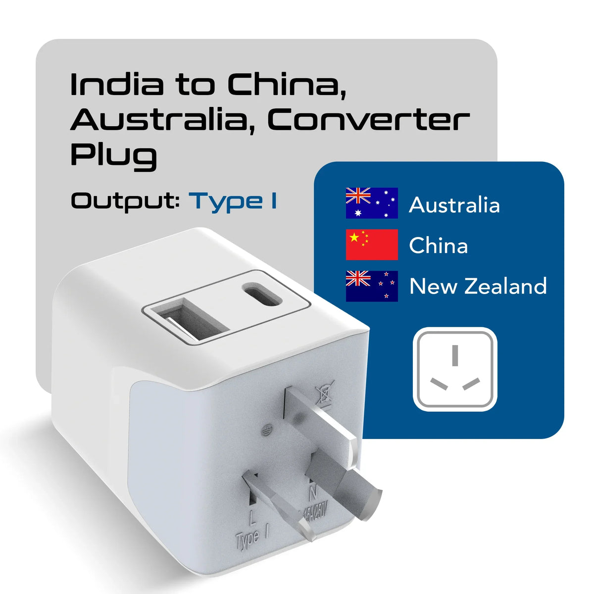 India to Australia, China travel adapter – Type I – 1 USB-A & 1 USB-C – 3 in 1 Plug – CE & RoHS certified - CTUD-16 image 1