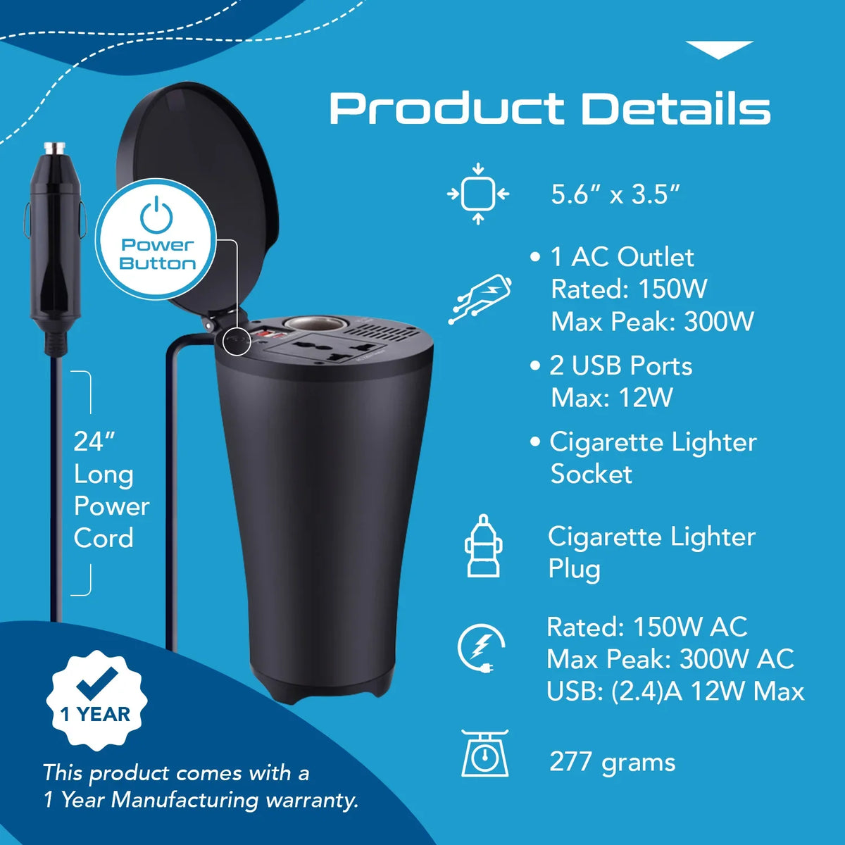 150W car inverter – 1 AC outlet & 2 USB-A – Cigarette lighter plug – CE & FCC certified - PI-150W2U image 7