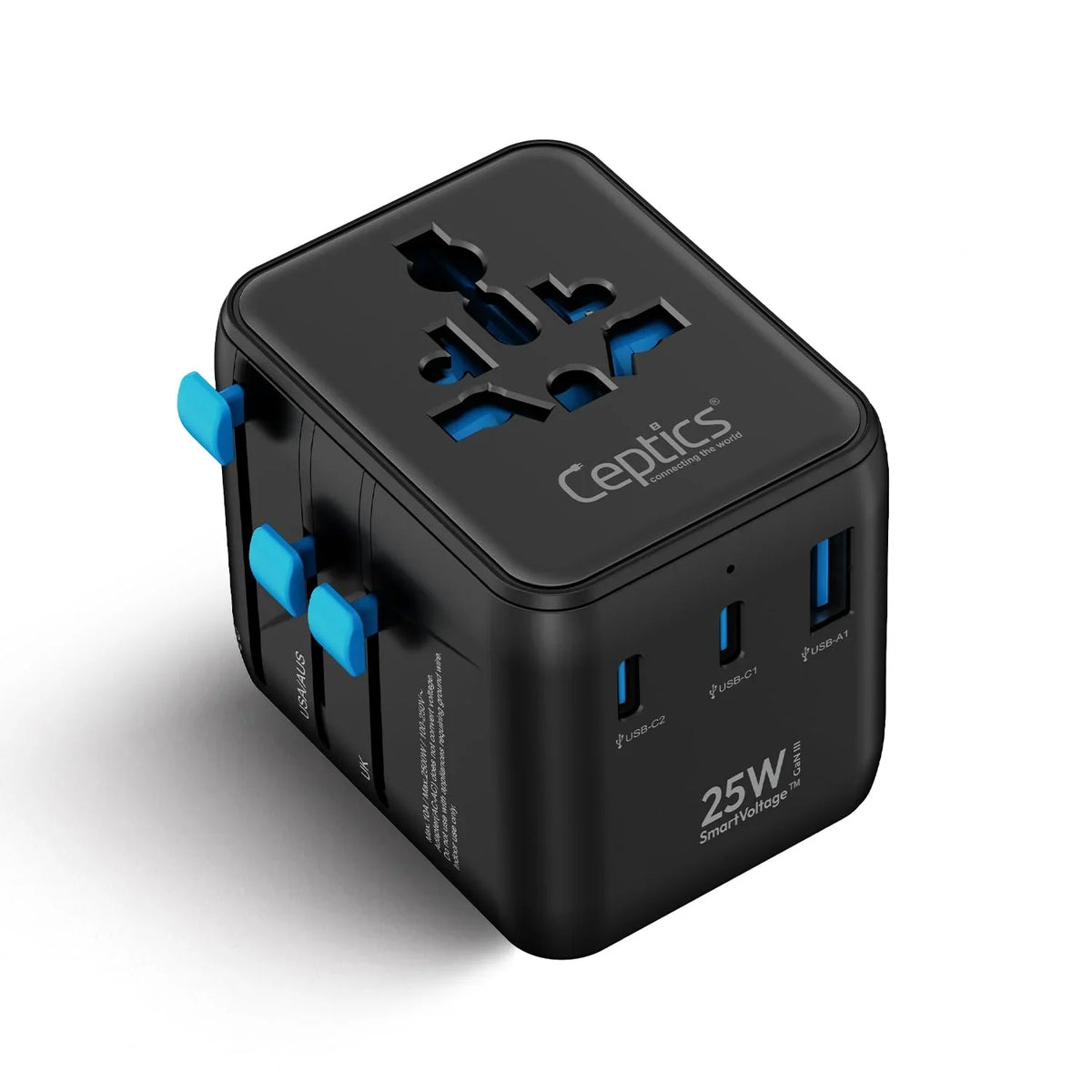 Universal travel adapter – 2 USB-C (25W) & 1 USB-A (QC 3.0) – 5 in 1 travel adapter – CE & RoHS certified image 0