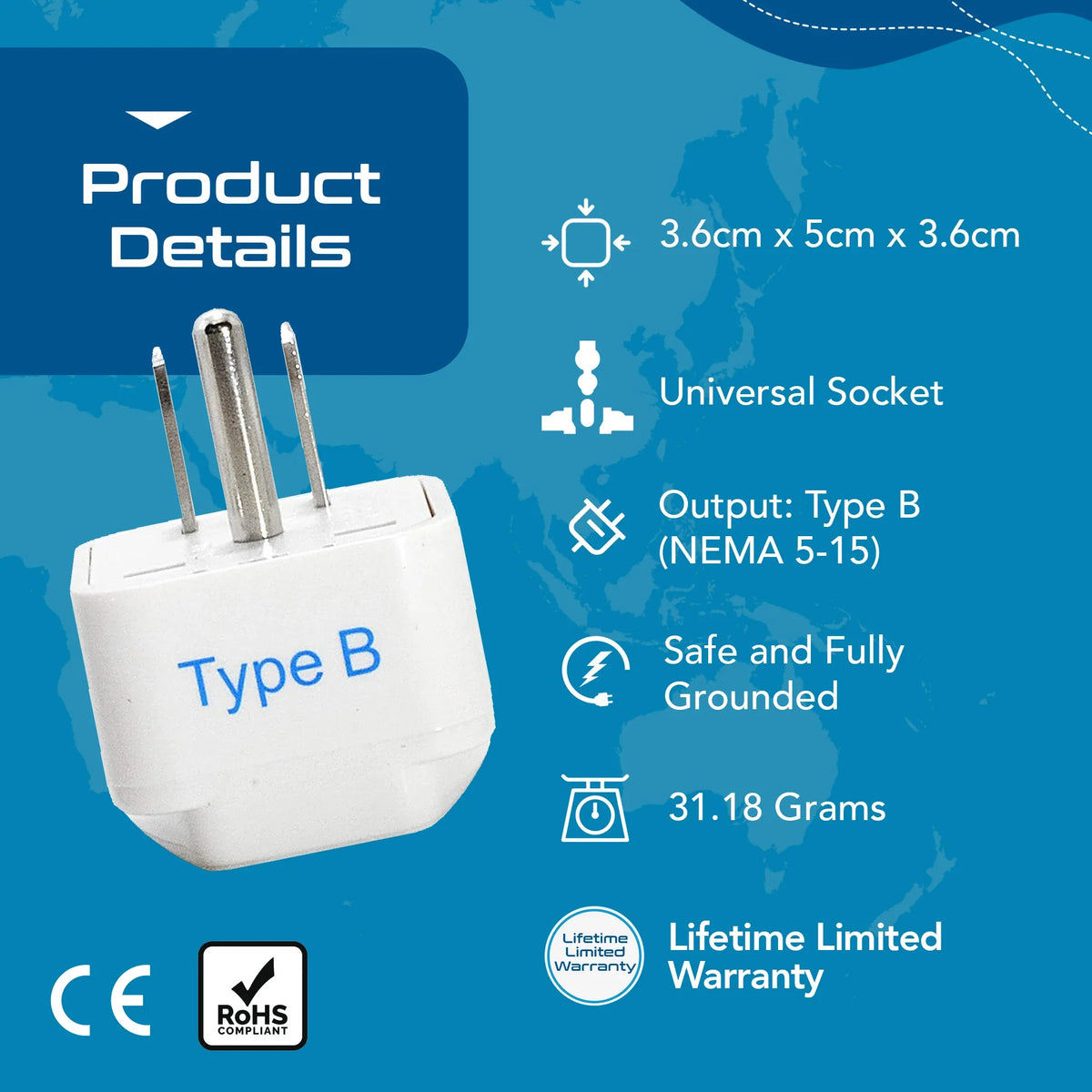 India to USA, Canada travel adapter plug – Type B – CE & RoHS certified - GP-5 image 3