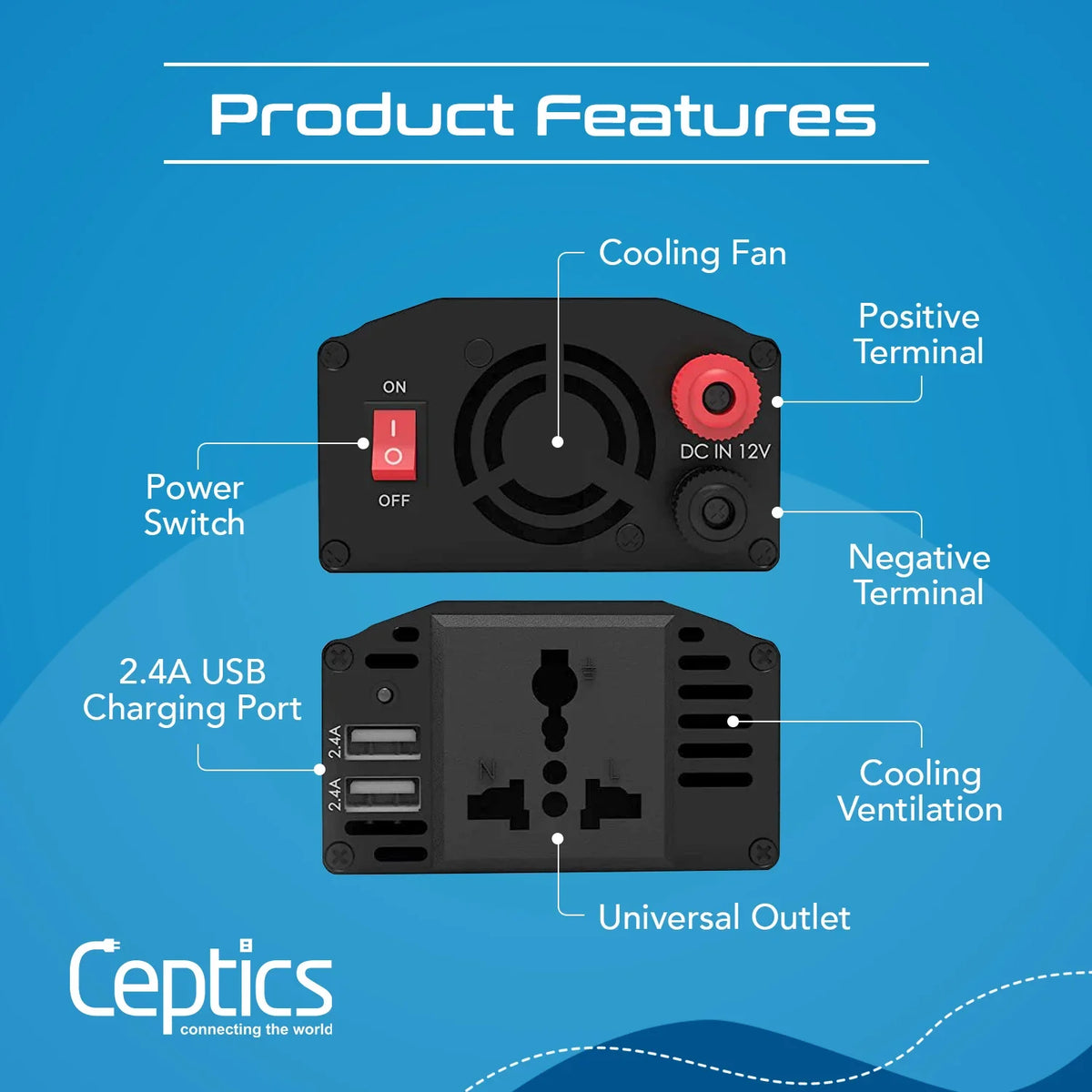 300W car inverter – 1 AC outlet & 2 USB-A – Cigarette lighter plug & Battery terminals – CE & FCC certified - PI-300W2U image 4