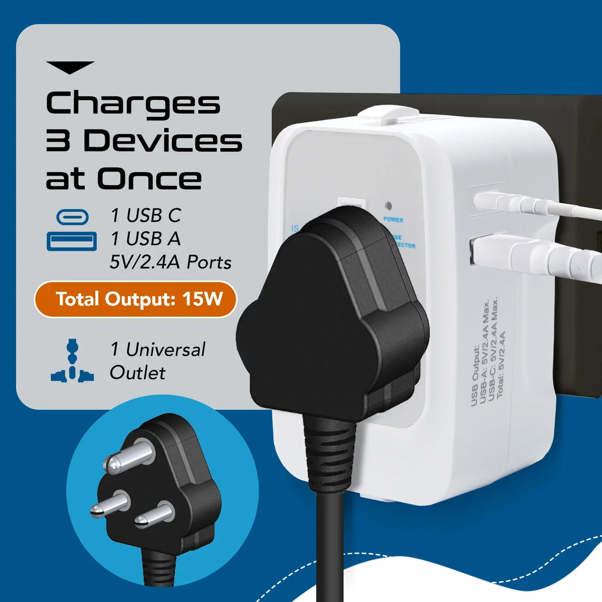 Universal travel adapter with 1 USB-A & 1 USB-C – 3 in 1 travel adapter – CE & FCC certified - UP-10KU image 2
