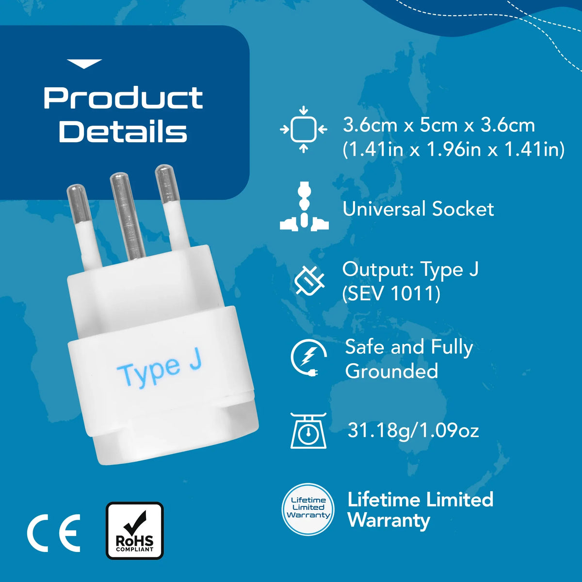 Switzerland travel adapter – Type J – CE & RoHS certified - GP-11A image 3