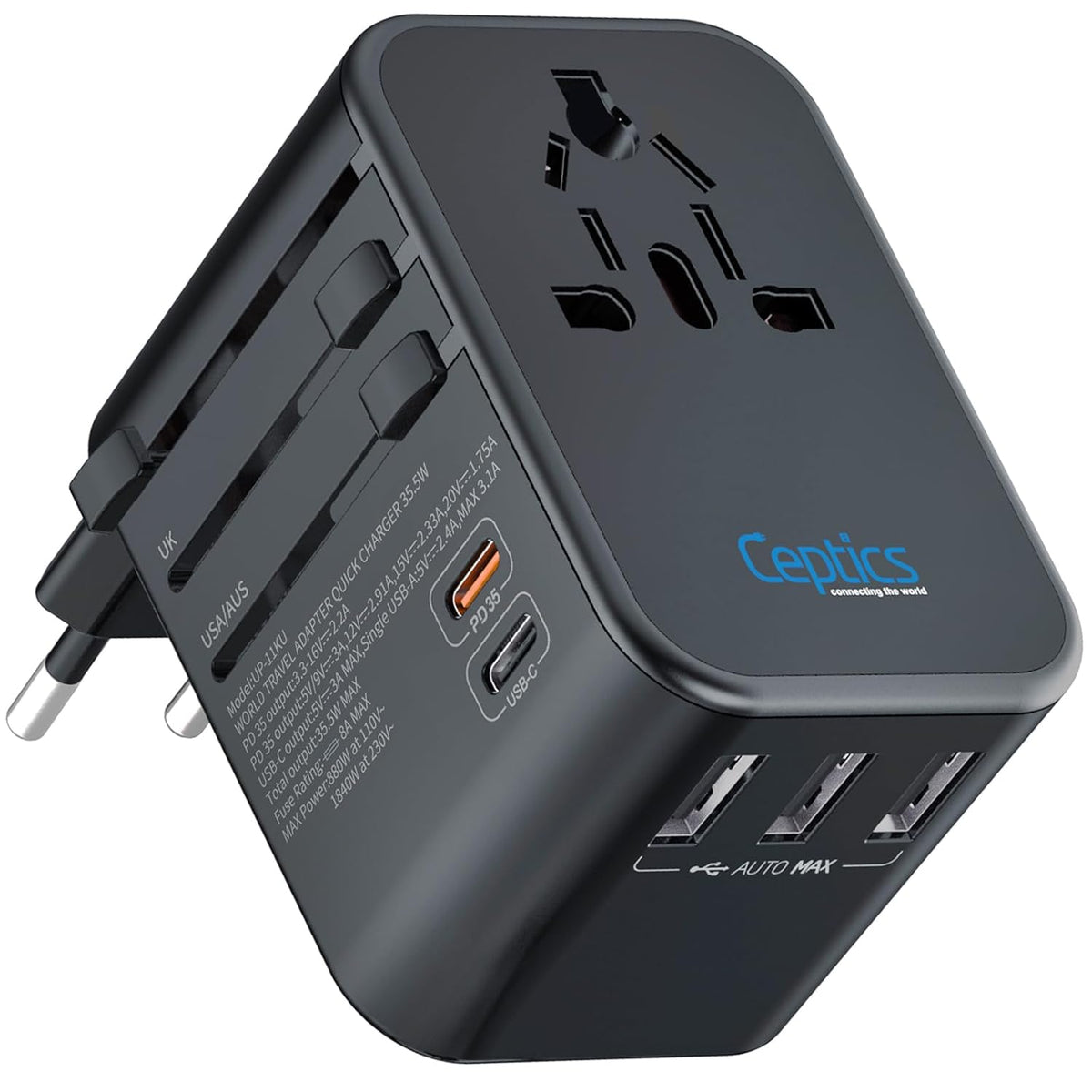 Universal travel adapter – 3 USB-A & 2 USB-C 35W – 6 in 1 travel adapter – CE & RoHS certified - UP-11KU image 0