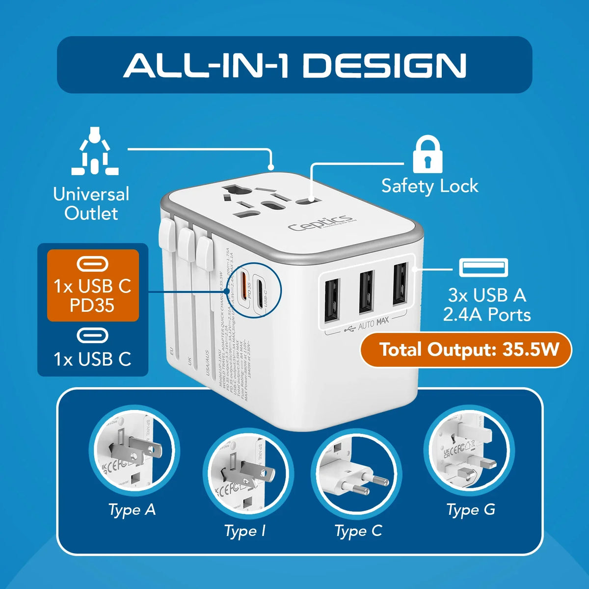 Universal travel adapter – 3 USB-A & 2 USB-C 35W – 6 in 1 travel adapter – CE & RoHS certified - White - UP-11KU-W image 10