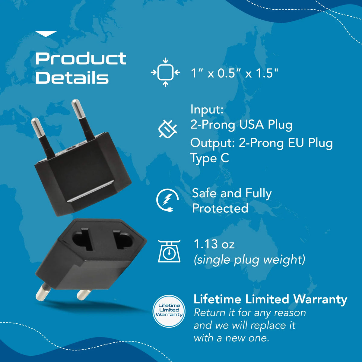 USA to Europe/Asia Plug Adapter - Non Grounded - 12 Pack - UP-12AE image 2