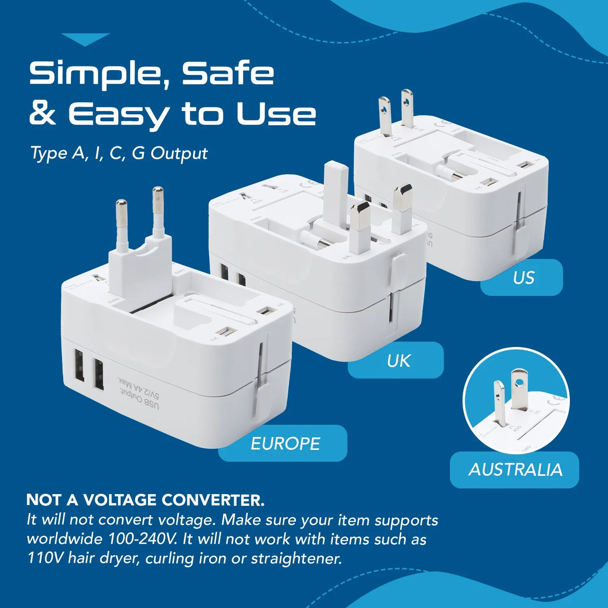Universal travel adapter with 2 USB-A – 3 in 1 travel adapter – CE & FCC certified - UP-7KU image 4