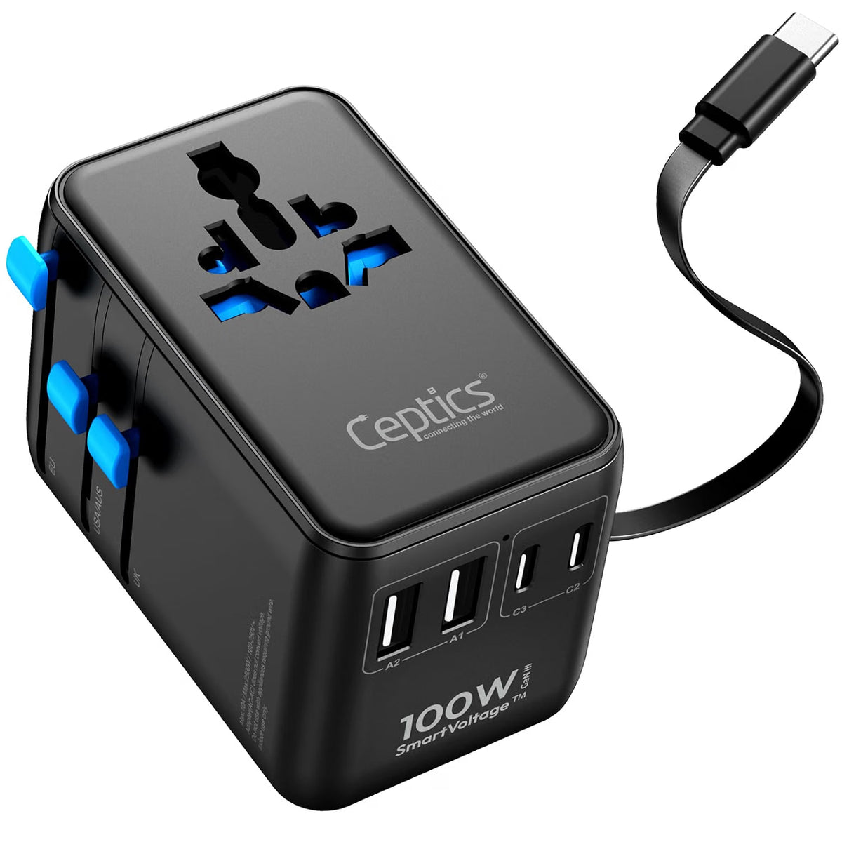 Universal travel adapter – 2 USB-A, 2 USB-C & 100W retractable USB-C cable – 7 in 1 travel adapter – CE & RoHS certified