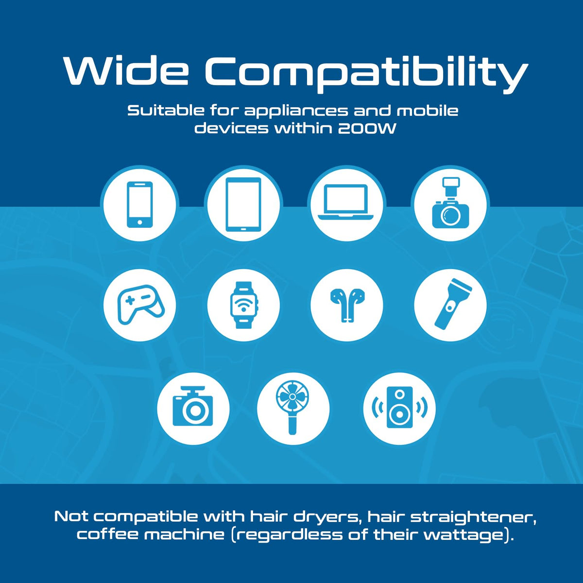 200W car inverter – 2 AC outlets & 2 USB-A & 2 USB-C – Cigarette lighter plug – CE & FCC certified - PI-200M