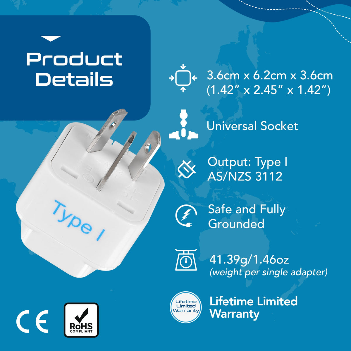 Australia, China travel adapter – Type I – CE & RoHS certified - GP-16 image 3