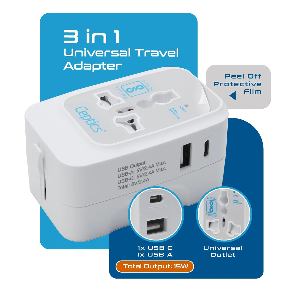 Universal travel adapter with 1 USB-A & 1 USB-C – 3 in 1 travel adapter – CE & FCC certified - UP-10KU image 1