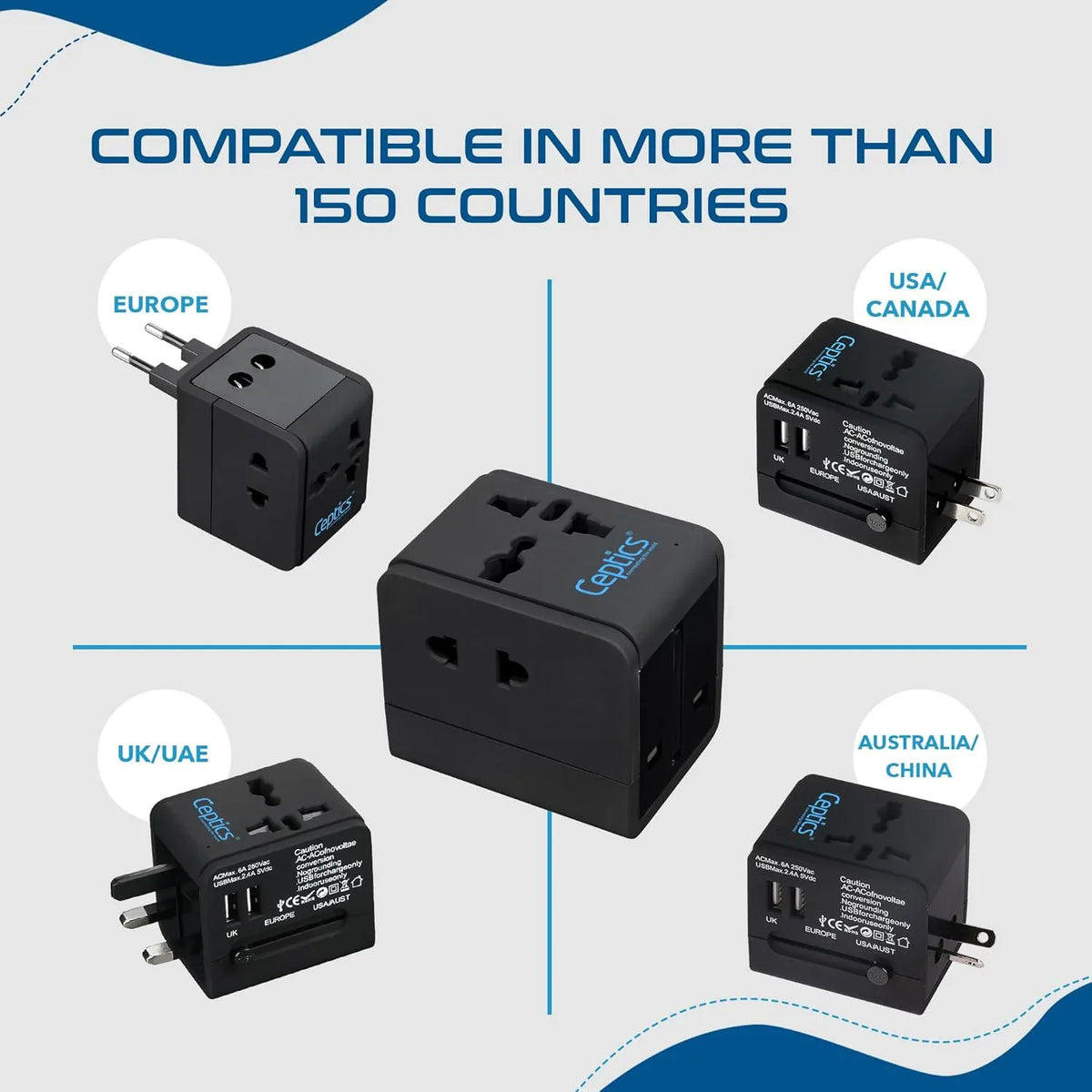 Universal travel adapter with 2 USB-A – 3 in 1 travel adapter – CE & RoHS certified - Black - UP-6KU image 6