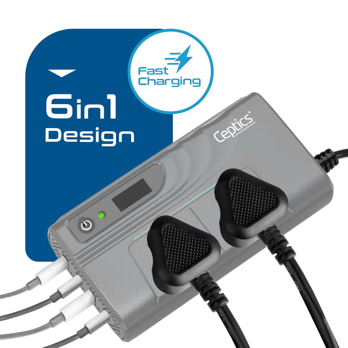 200W car inverter – 2 AC outlets & 2 USB-A & 2 USB-C – Cigarette lighter plug – CE & FCC certified - PI-200M