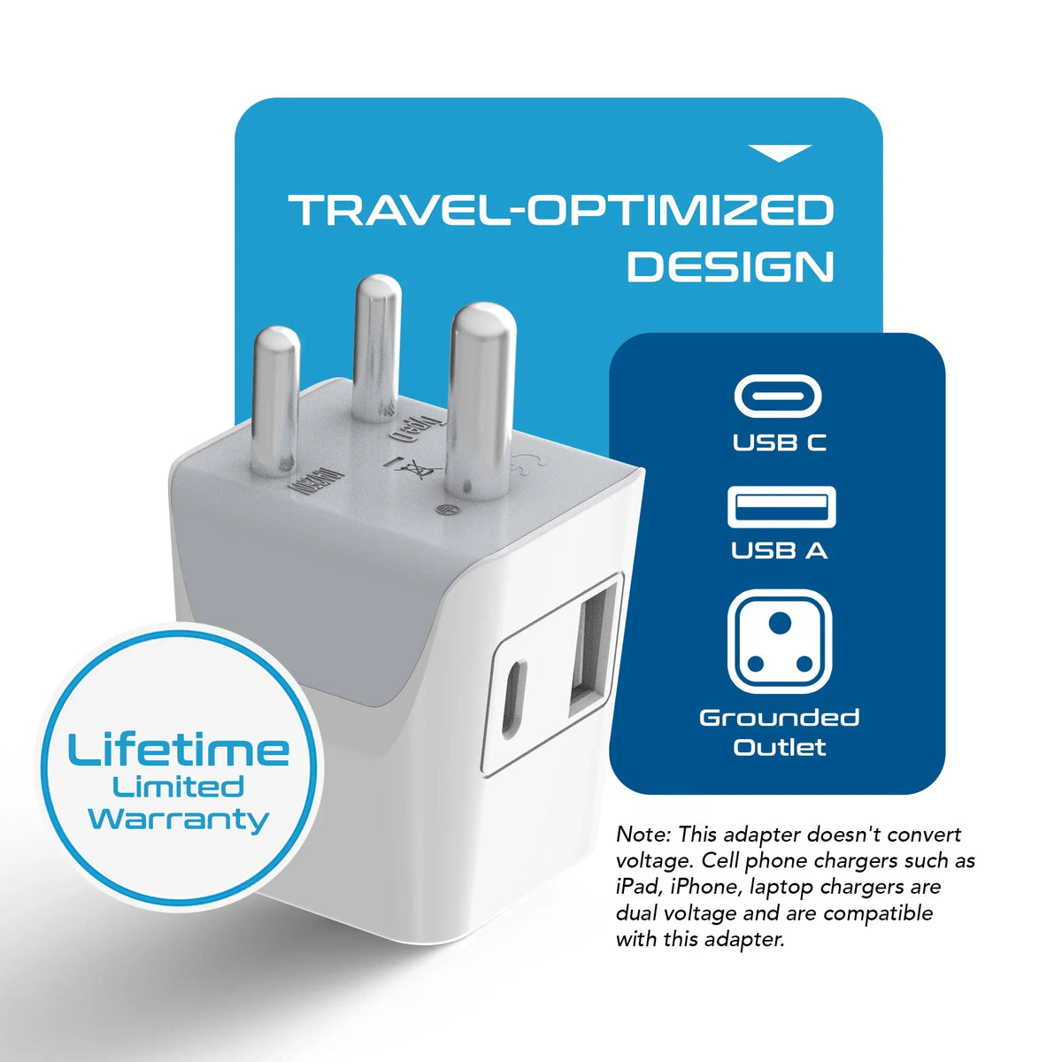 Multiplug adapter – Type D – 1 USB-A & 1 USB-C – 3 in 1 Plug – CE & RoHS certified - CTUD-10 image 3