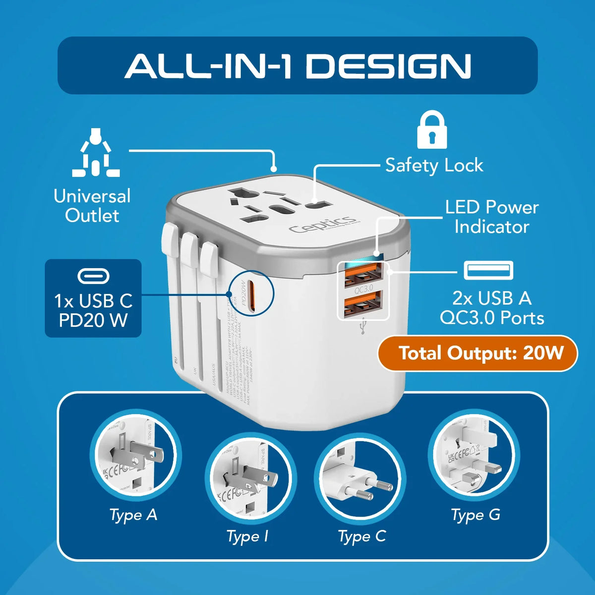 Universal travel adapter – 2 USB-A & 1 USB-C 20W – 4 in 1 travel adapter – CE & RoHS certified - White - UP-8CU-W image 9
