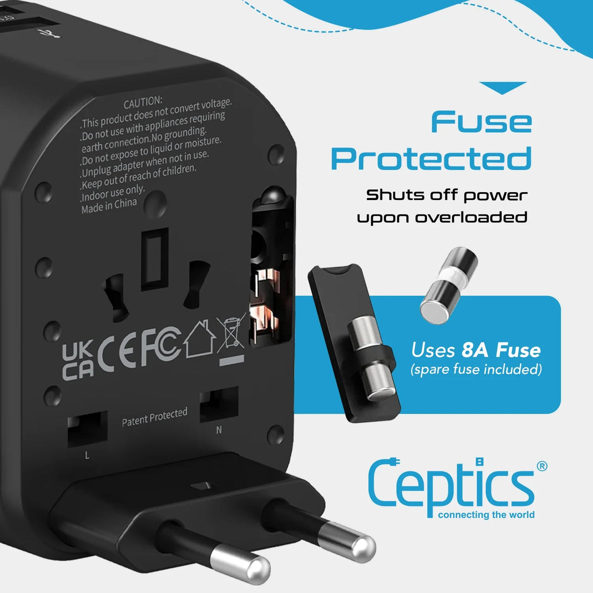 Universal travel adapter – 2 USB-A & 1 USB-C 20W – 4 in 1 travel adapter – CE & RoHS certified - UP-8CU image 7