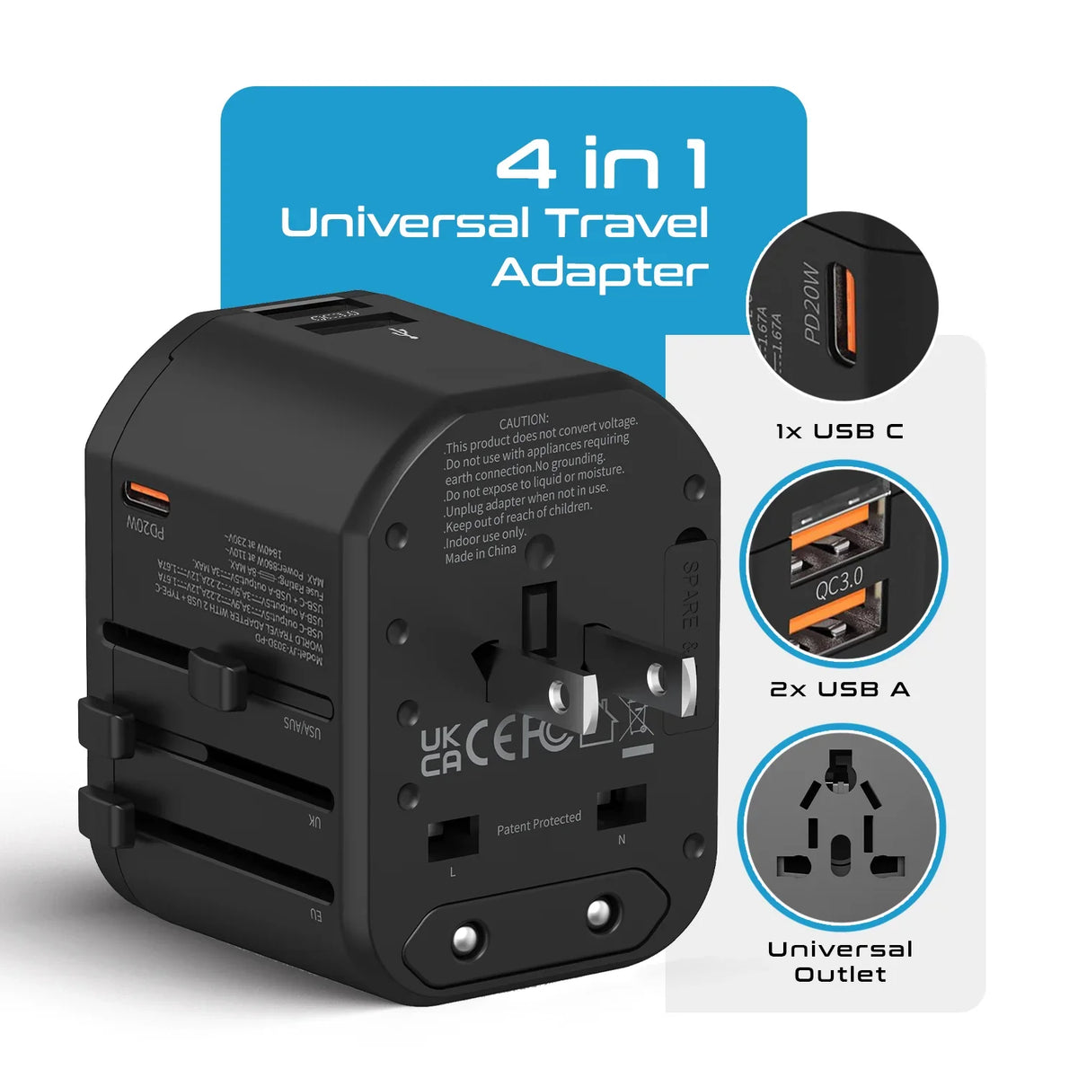 Universal travel adapter – 2 USB-A & 1 USB-C 20W – 4 in 1 travel adapter – CE & RoHS certified - UP-8CU image 1