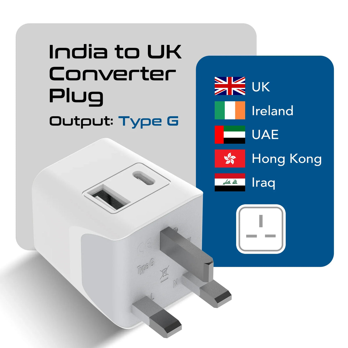India to UK, UAE travel adapter – Type G – 1 USB-A & 1 USB-C – 3 in 1 Plug – CE & RoHS certified - CTUD-7 image 1
