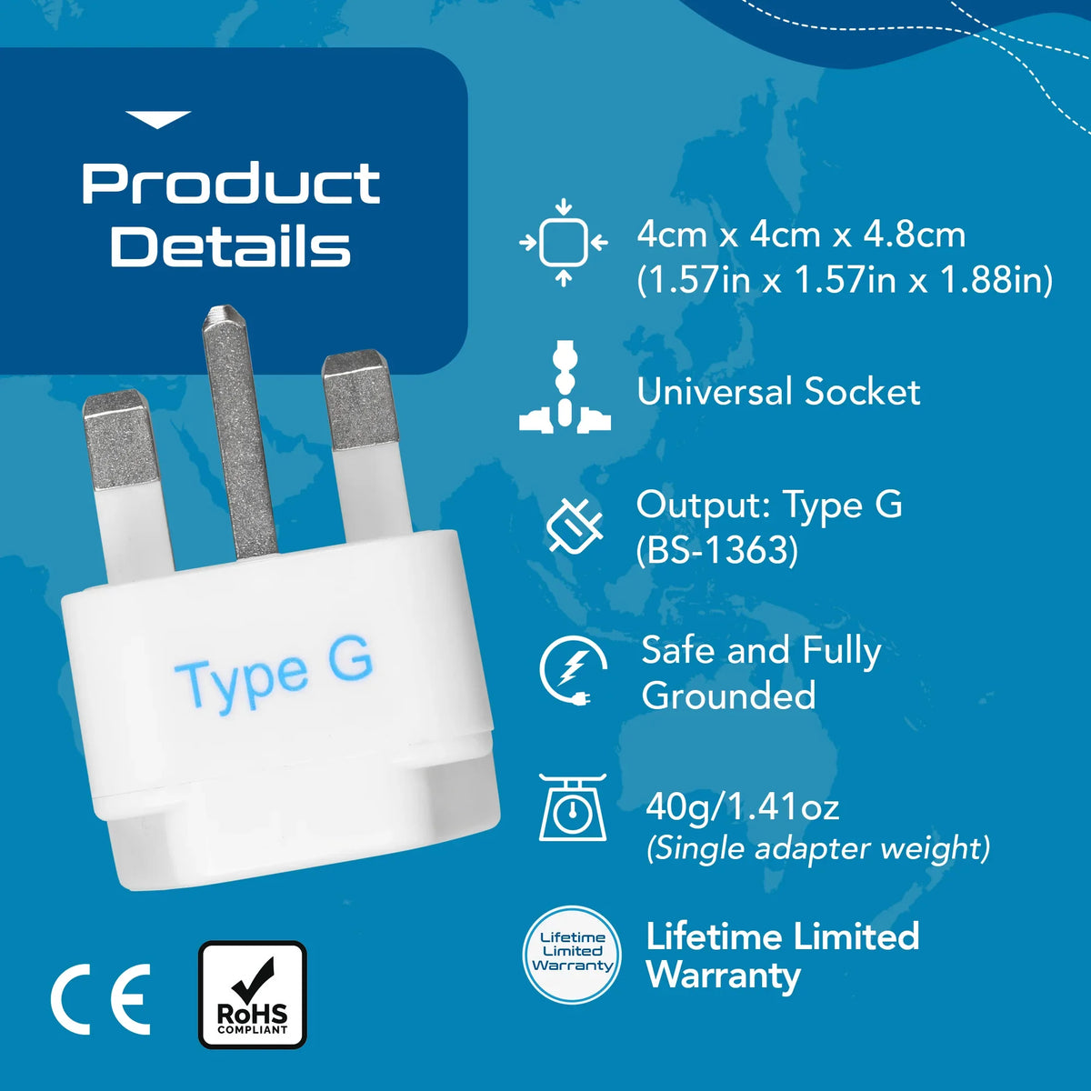 India to UK, Ireland travel adapter plug – Type G – CE & RoHS certified - GP-7 image 3