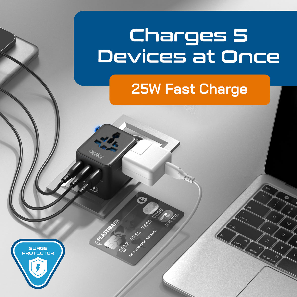 Universal travel adapter – 2 USB-C (25W) & 1 USB-A (QC 3.0) – 5 in 1 travel adapter – CE & RoHS certified