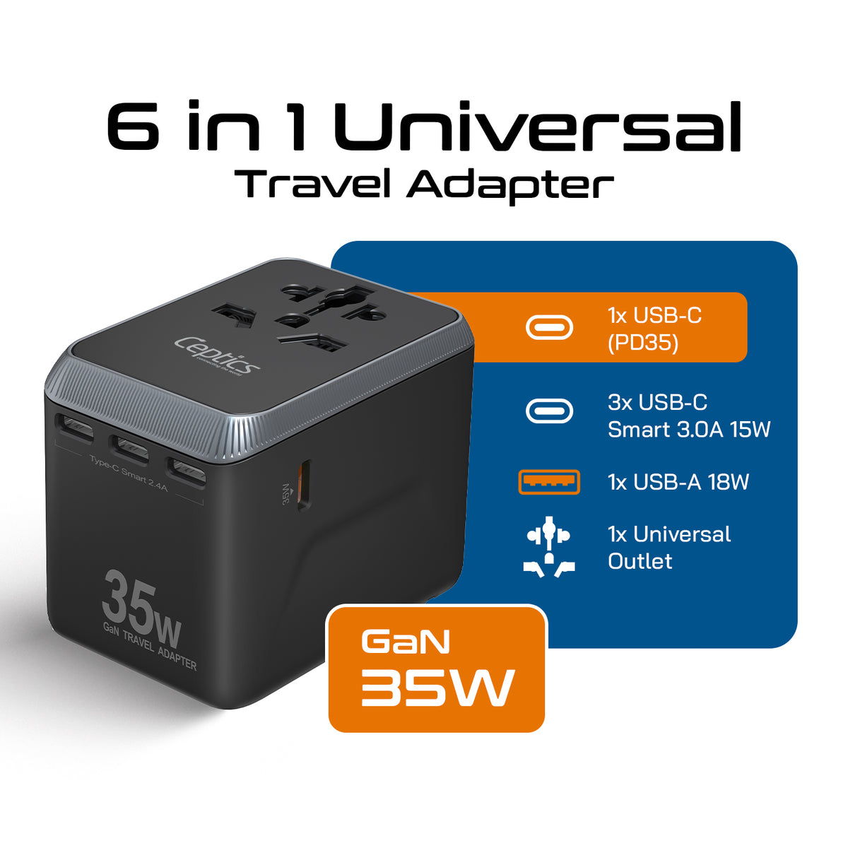 Universal travel adapter – 1 USB-A & 4 USB-C (35W) – 6 in 1 travel adapter – CE & RoHS certified