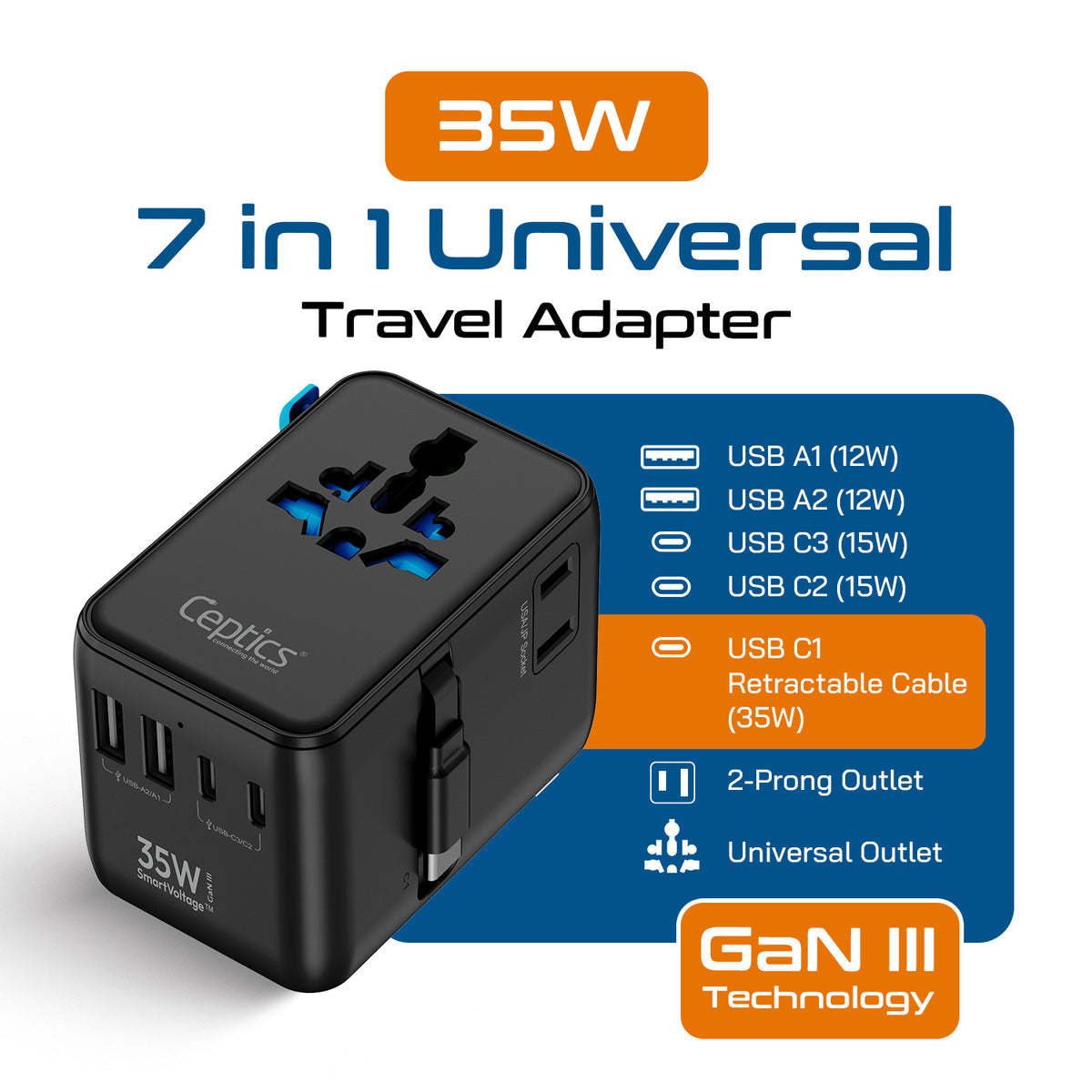 Universal travel adapter – 2 USB-A, 2 USB-C & 35W PD retractable USB-C cable – 7 in 1 travel adapter – CE & RoHS certified