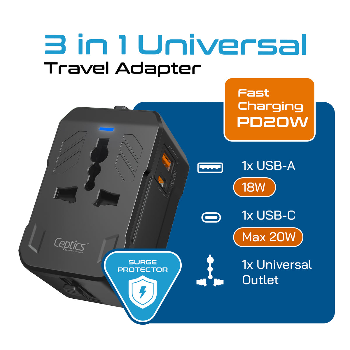 Universal travel adapter with 1 USB-A & 1 USB-C – 3 in 1 travel adapter – CE & FCC certified - UP-10KU-TP