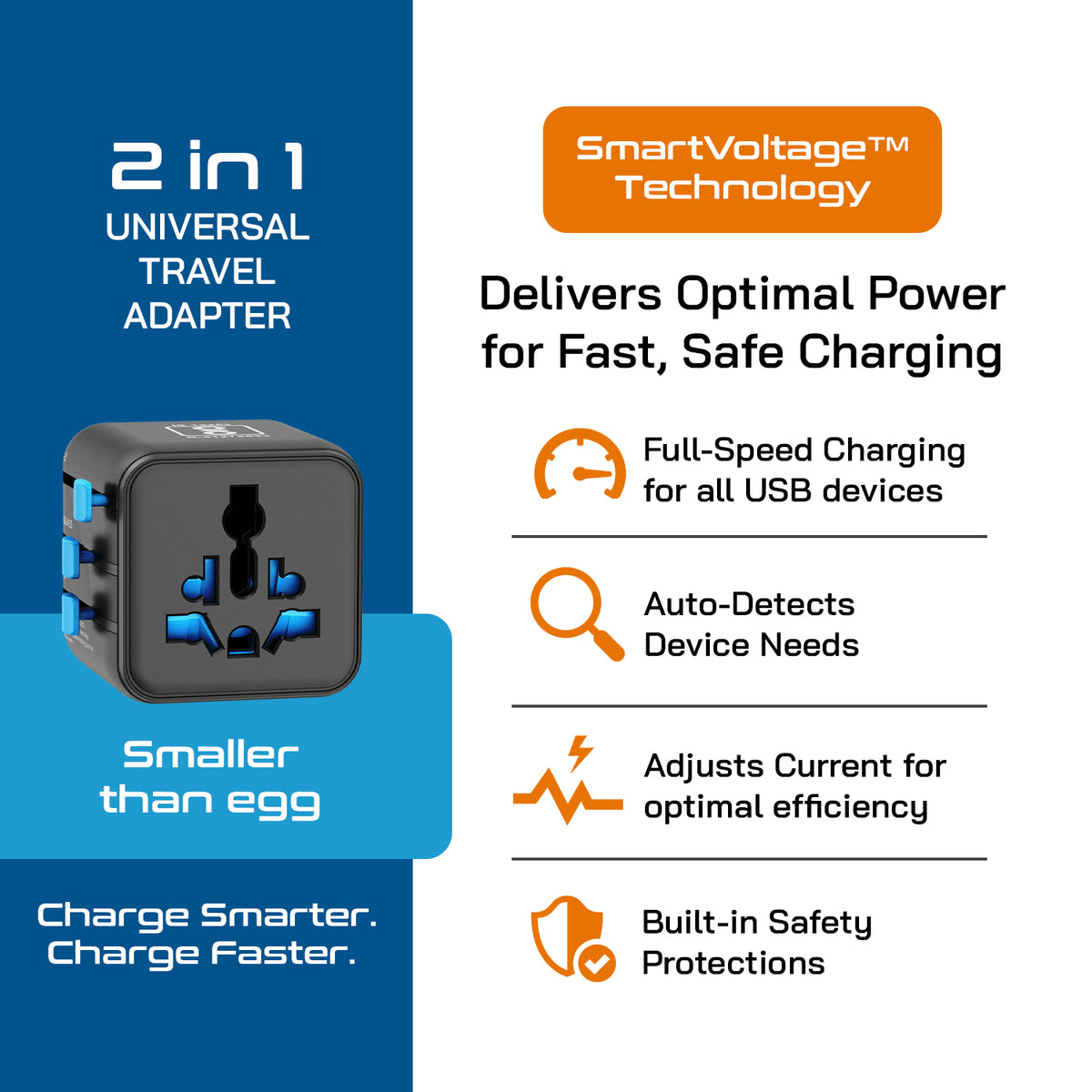 Universal travel adapter – 1 universal input & 1 N. America/Japan input – 2 in 1 travel adapter – CE & RoHS certified