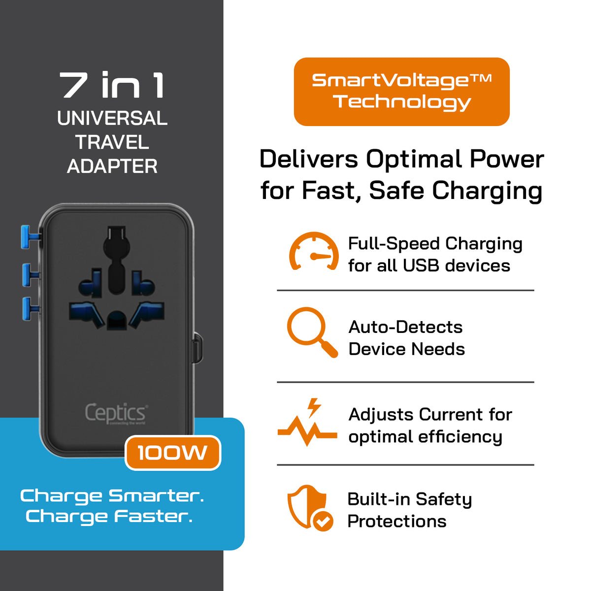 Universal travel adapter – 2 USB-A, 2 USB-C & 100W retractable USB-C cable – 7 in 1 travel adapter – CE & RoHS certified