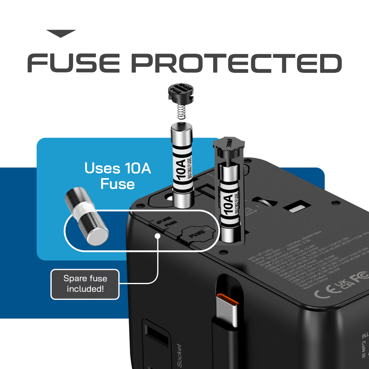 Universal travel adapter – 2 USB-A, 2 USB-C & 100W retractable USB-C cable – 7 in 1 travel adapter – CE & RoHS certified