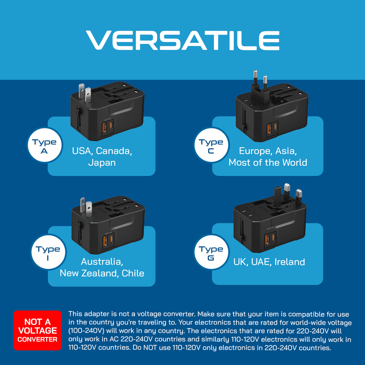 Universal travel adapter with 1 USB-A & 1 USB-C – 3 in 1 travel adapter – CE & FCC certified - UP-10KU-TP
