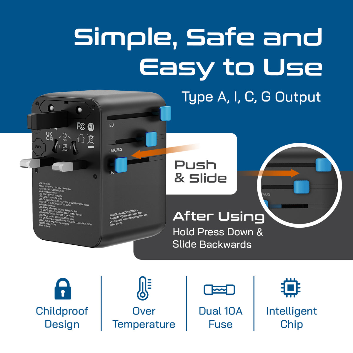 Universal travel adapter – 2 USB-A, 2 USB-C & 35W PD retractable USB-C cable – 7 in 1 travel adapter – CE & RoHS certified