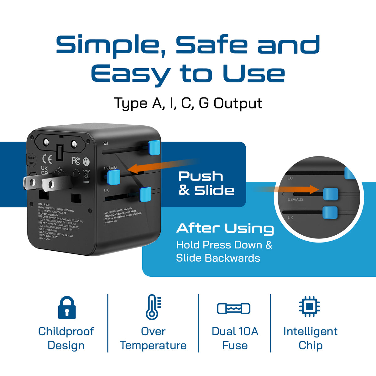 Universal travel adapter – 2 USB-C (25W) & 1 USB-A (QC 3.0) – 5 in 1 travel adapter – CE & RoHS certified