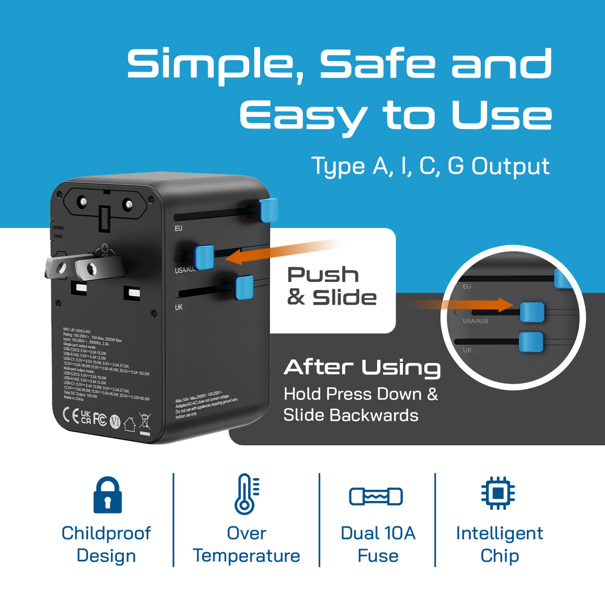 Universal travel adapter – 2 USB-A, 2 USB-C & 100W retractable USB-C cable – 7 in 1 travel adapter – CE & RoHS certified