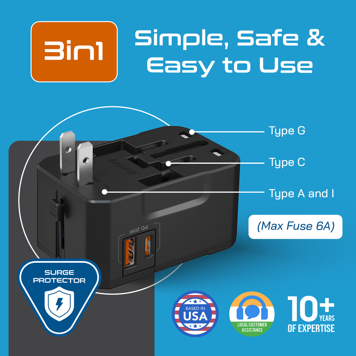 Universal travel adapter with 1 USB-A & 1 USB-C – 3 in 1 travel adapter – CE & FCC certified - UP-10KU-TP