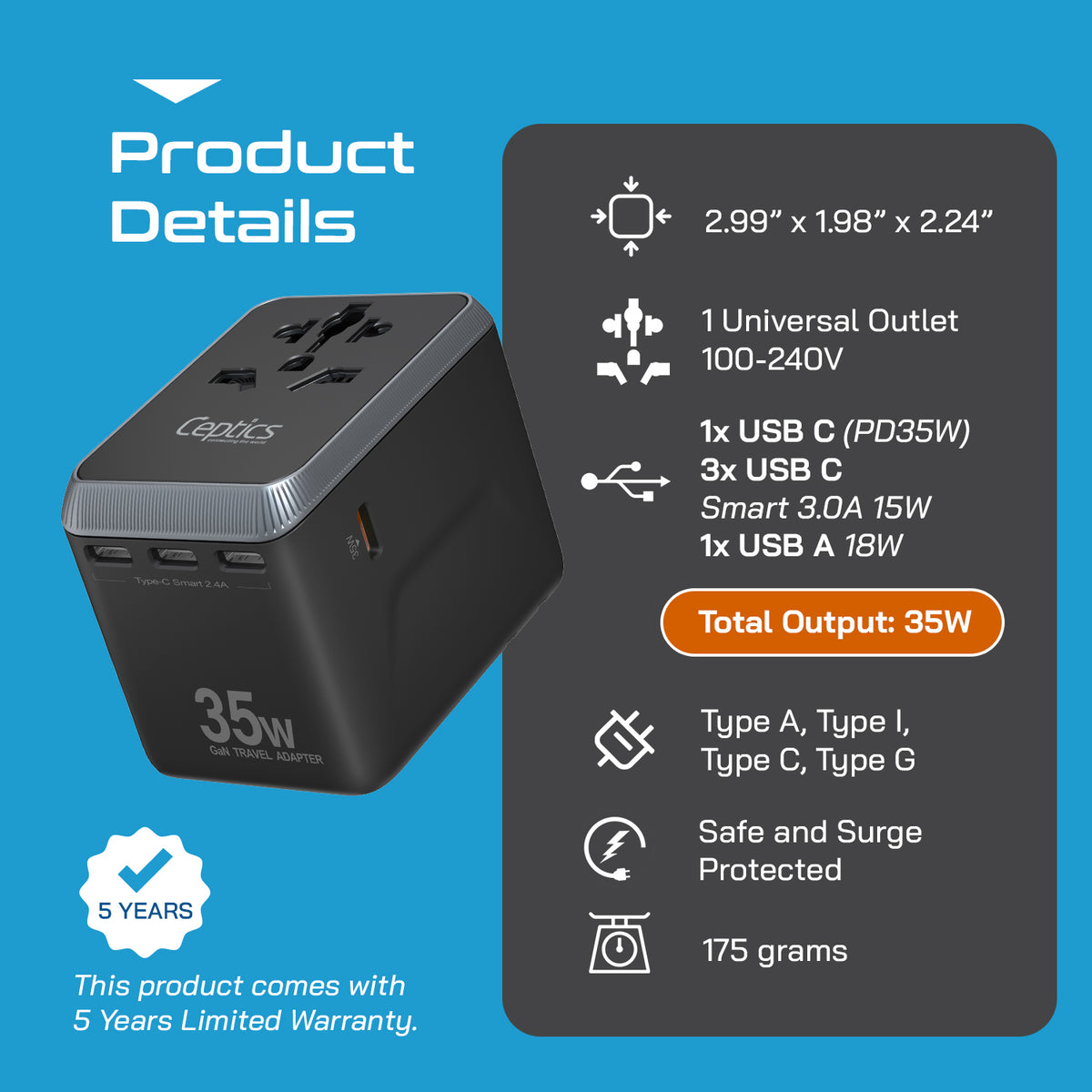 Universal travel adapter – 1 USB-A & 4 USB-C (35W) – 6 in 1 travel adapter – CE & RoHS certified