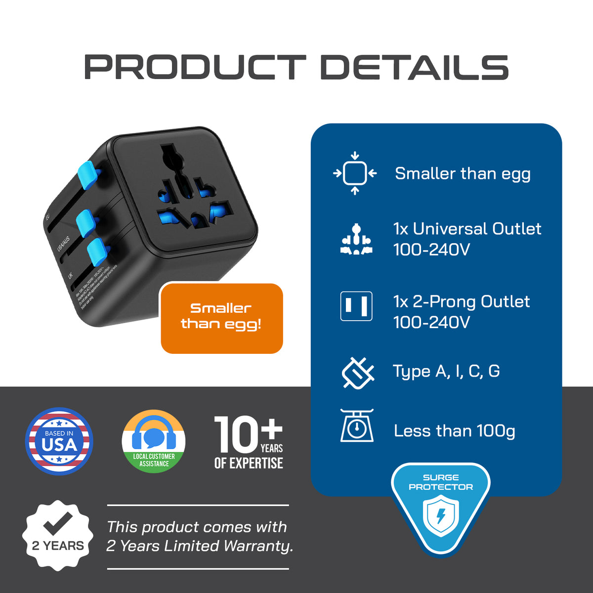 Universal travel adapter – 1 universal input & 1 N. America/Japan input – 2 in 1 travel adapter – CE & RoHS certified